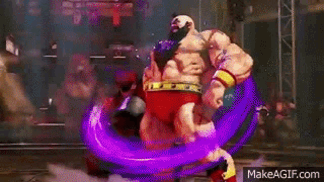 a muscular man with a beard is holding a sword in a video game while standing on a stage .