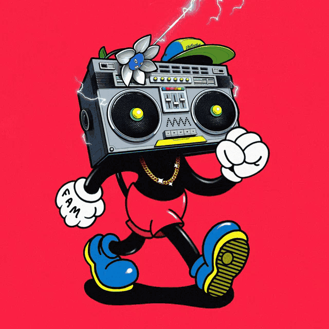 a cartoon character with a boombox on his head and a flower on it