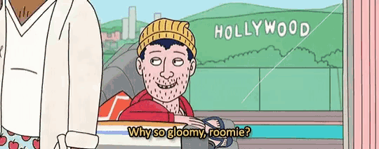 a cartoon of a man in front of the hollywood sign