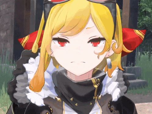 a girl with yellow hair and red eyes is wearing sunglasses