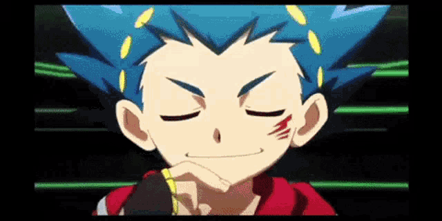 a boy with blue hair and a red shirt is making a funny face with his eyes closed .