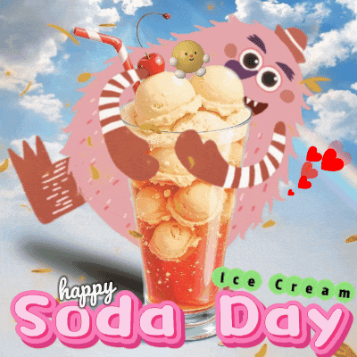 a cartoon monster is holding a glass of ice cream with the words happy soda day below it