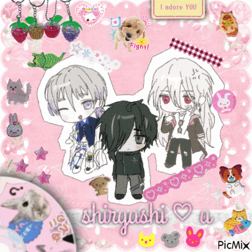 a picture of three anime characters with the words shiroishi written on it