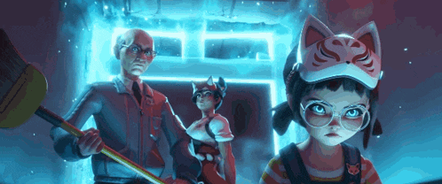 a group of cartoon characters including a girl wearing a mask