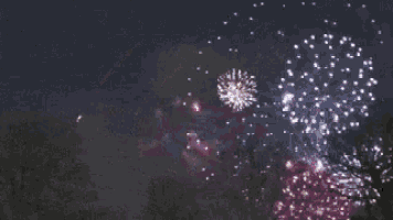 a fireworks display with purple and blue fireworks