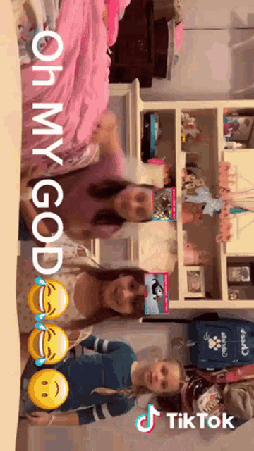 three girls are standing next to each other with the words oh my god written on the bottom