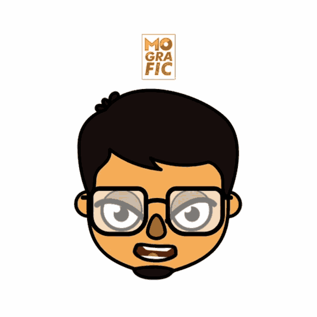 a cartoon drawing of a man with glasses and a mo grafica logo above him