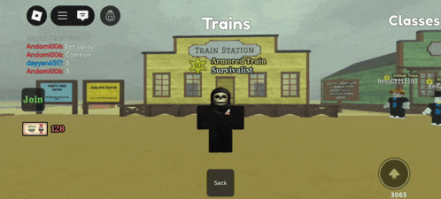 a screenshot of a game called trains with a skeleton standing in front of a train station