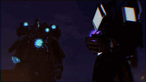 a blurred image of a person standing next to another person with a purple background