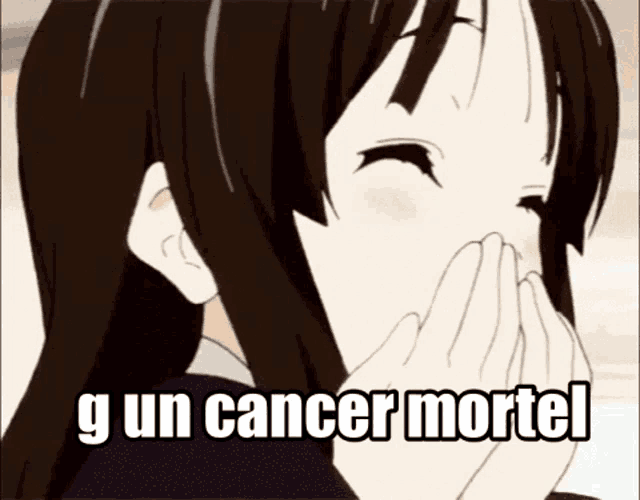 a girl is covering her mouth with her hands and the words g un cancer mortel are on the bottom .