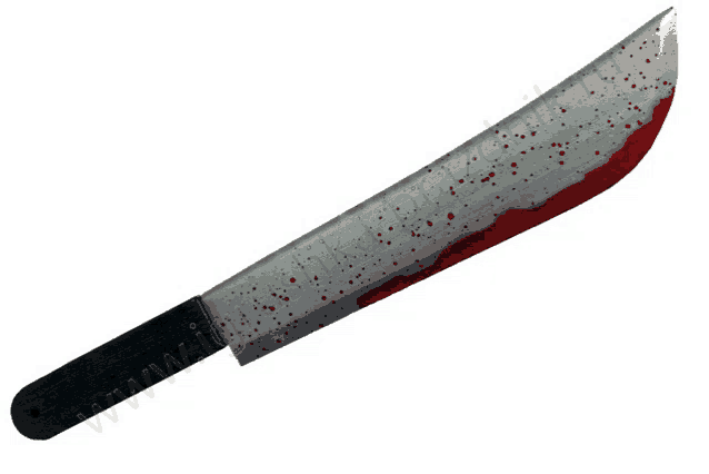 a bloody knife with a black handle and a white background