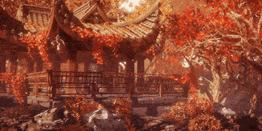 a building with a roof that has red leaves hanging from it