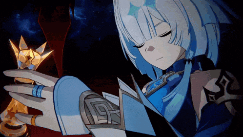 a girl with white hair and blue clothes is holding something