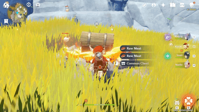 a screenshot of a video game shows a treasure chest with raw meat on it