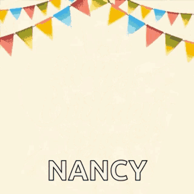 a birthday card with balloons and a gift with the name nancy .