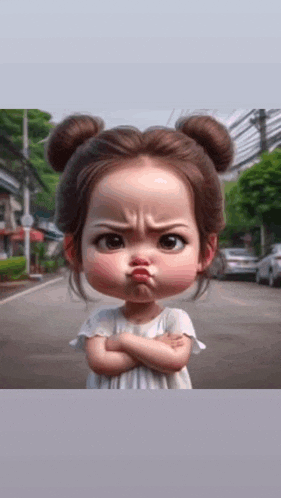 a little girl is making a funny face with her arms crossed and making a funny face .