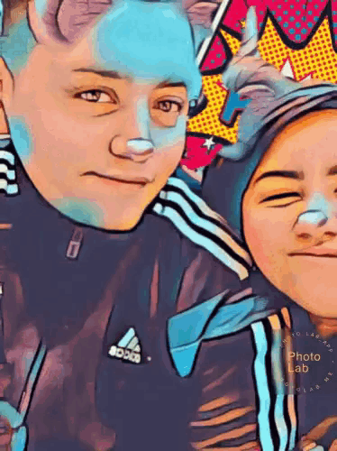 a cartoon of a boy and a girl wearing adidas shirts