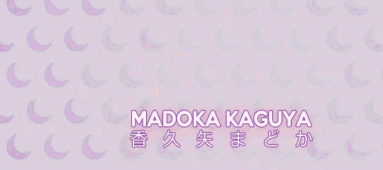 a purple haired anime girl with the name madoka kaguya on the bottom