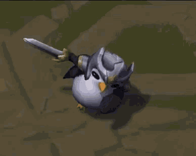 a penguin is holding a sword in its beak in a video game .