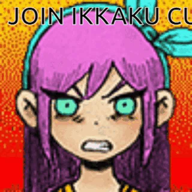 a cartoon girl with purple hair and green eyes is making a funny face and says `` join ikkaku cu '' .