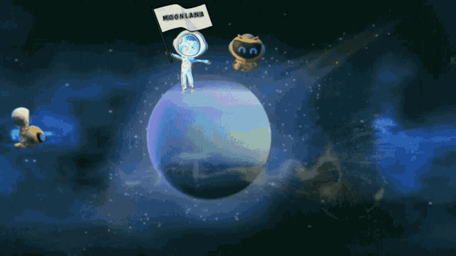 a person holding a flag that says moonland on it