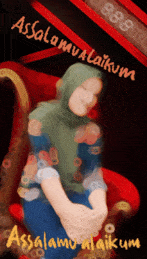 a woman in a hijab sits in a red chair with the words assalamualaikum written on the bottom