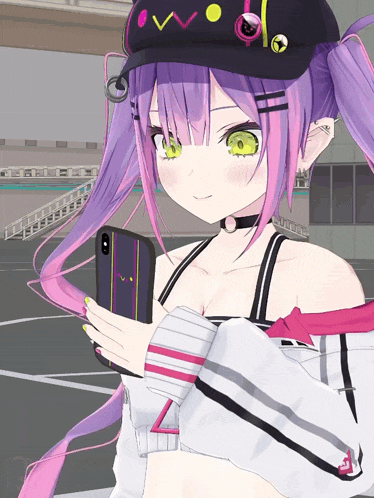 a girl with purple hair and green eyes holds a cell phone