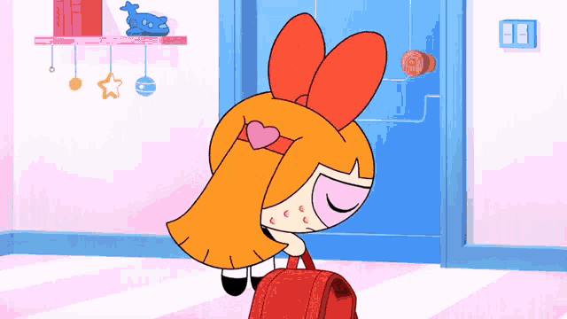 a cartoon character with a heart in her hair is holding a red backpack