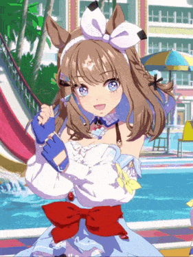 a girl in a white dress with a red and white bow
