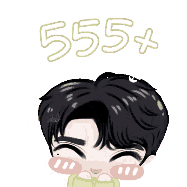 a cartoon drawing of a boy with the number 555+ above his head