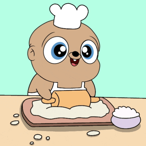 a cartoon of a baby wearing a chef 's hat and apron rolling dough