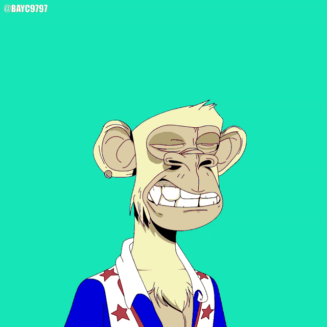 a cartoon of a monkey with a red curtain behind him and the hashtag bayc979