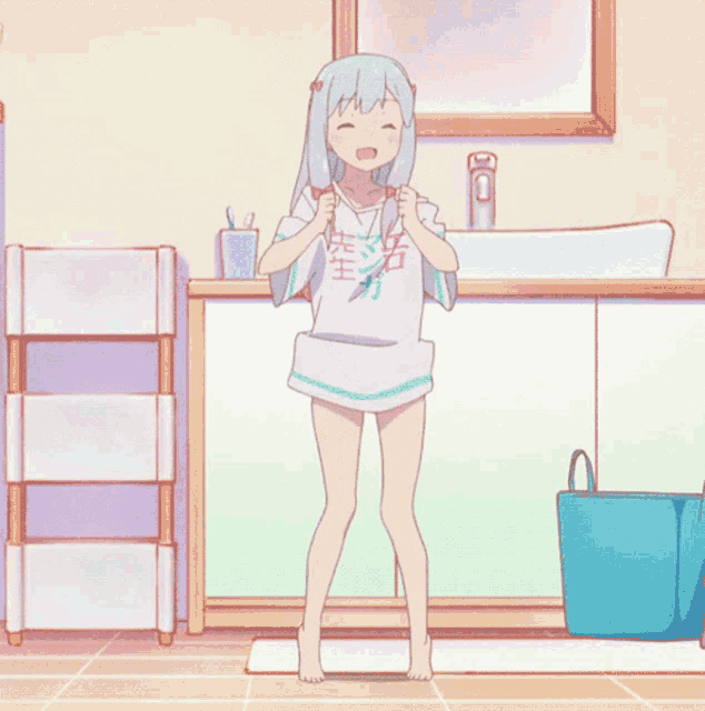 a girl in a white shirt with chinese writing on it is dancing