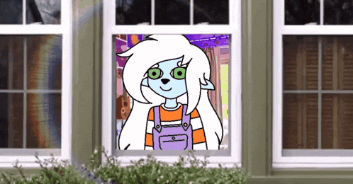 a drawing of a girl with green eyes is on a window