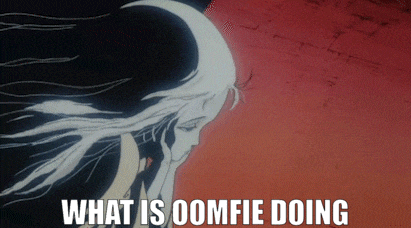 a cartoon of a woman with white hair and the words what is oomfie doing below her