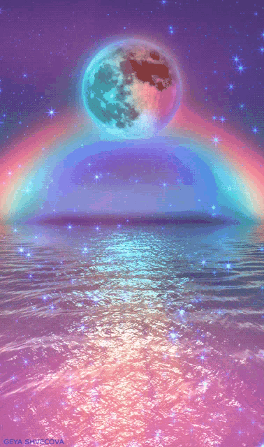 a rainbow and a full moon are reflected in the ocean