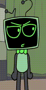 a cartoon character with a computer monitor on his head and a bow tie .