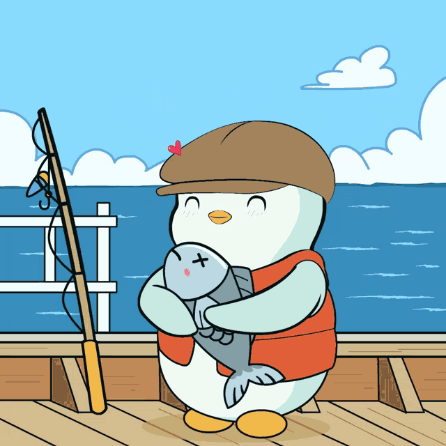 a cartoon penguin is holding a dead fish