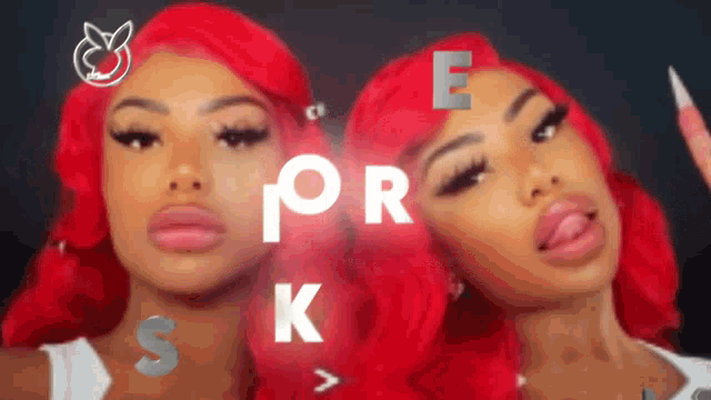 two women with red hair are standing next to each other with the letters p and k behind them