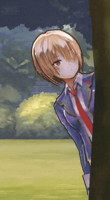 a drawing of a girl in a blue suit and red tie peeking out from behind a tree