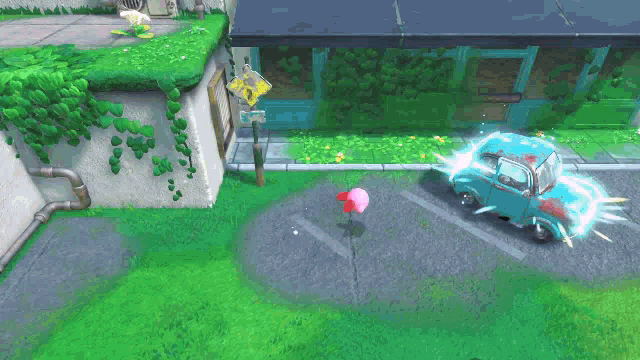 a blue car is driving down a street in a video game with a pink flower in the foreground .
