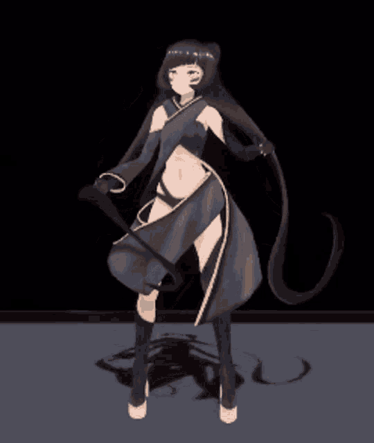 a girl with long black hair is dancing in a black dress