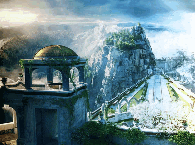 a building with a dome on top of it is surrounded by mountains