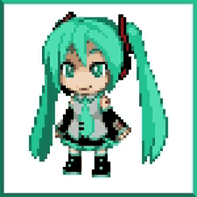 a pixel art of hatsune miku with long green hair
