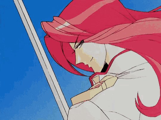 a girl with red hair is holding a sword