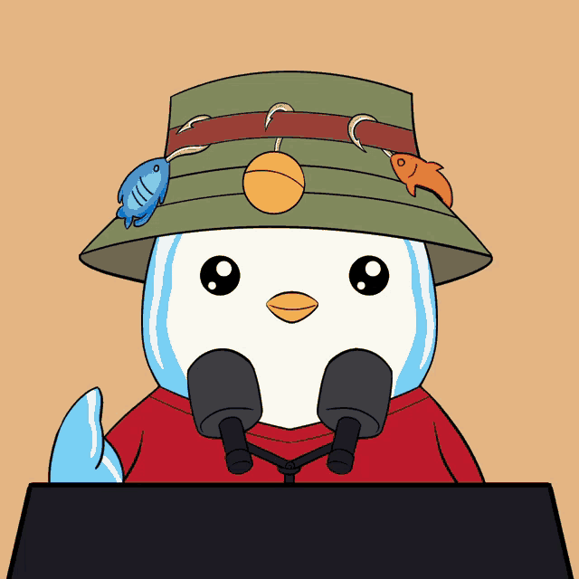a cartoon of a penguin wearing a hat with fish hooks on it