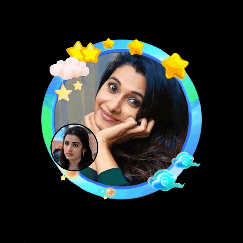 a woman in a blue circle with stars and clouds around her
