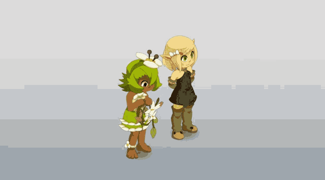 a couple of cartoon characters standing next to each other with one holding a flower
