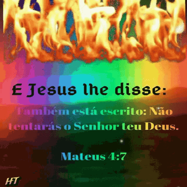 a rainbow colored background with a bible verse from mateus 4 7