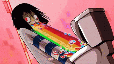 a cartoon of a girl vomiting a rainbow of candy into a toilet